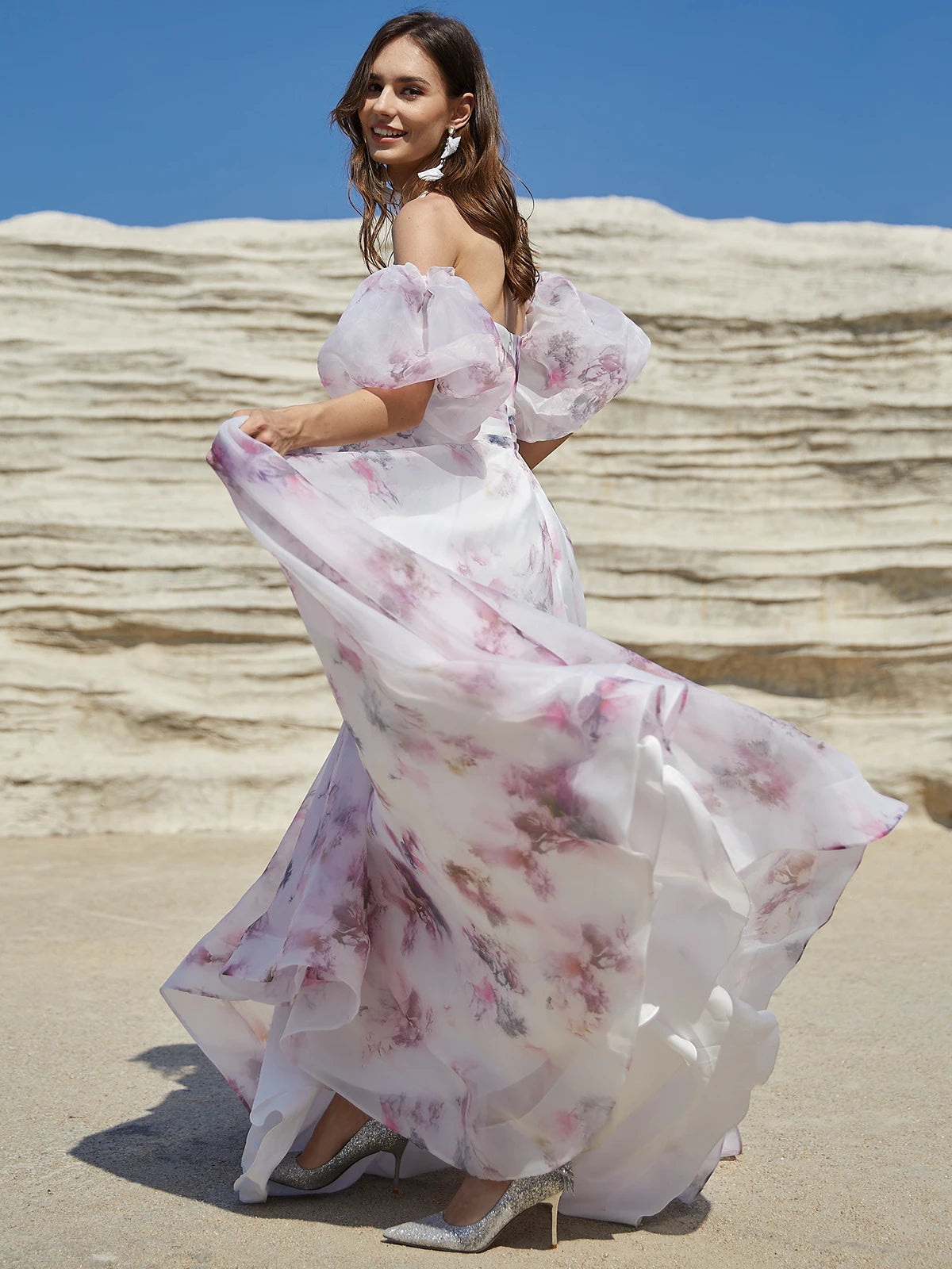 Pink Floral Wedding Dresses 2024 for Women Lace up Back with Puffy Sleeves - My Store