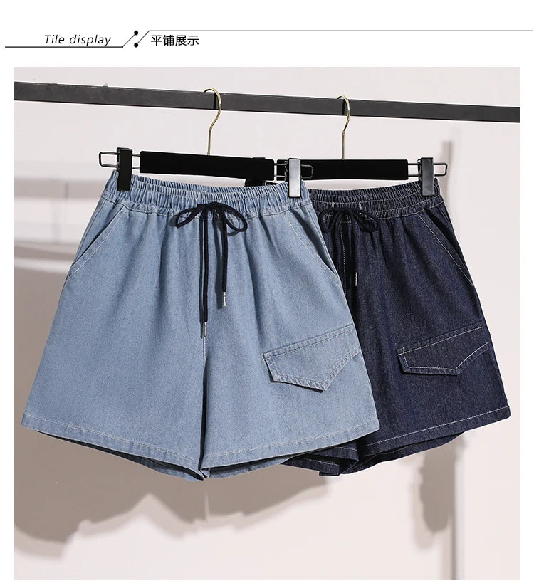 Plus Size Denim Summer Mini Elastic-High Waist Shorts Women-Wide Leg Loose Pleated Fashion Ladies