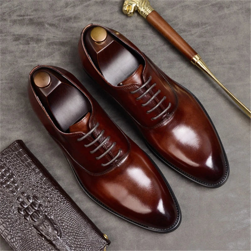 Mens Elegant Italian Handmade Pointed Toe Lace-Up Dress Shoes Genuine Leather Handmade - My Store