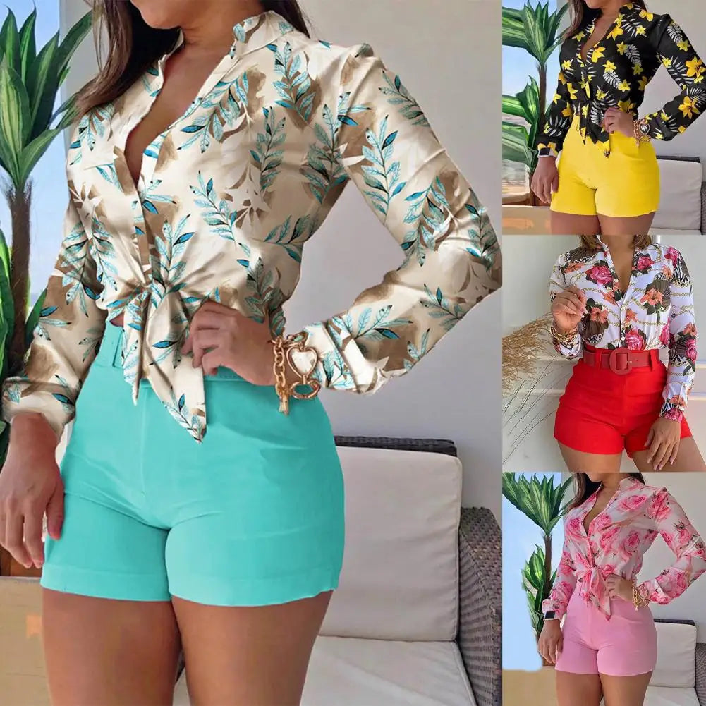 1 Set Women Blouse Shorts Suit-Printed Blouse Pure Color Shorts - My Store