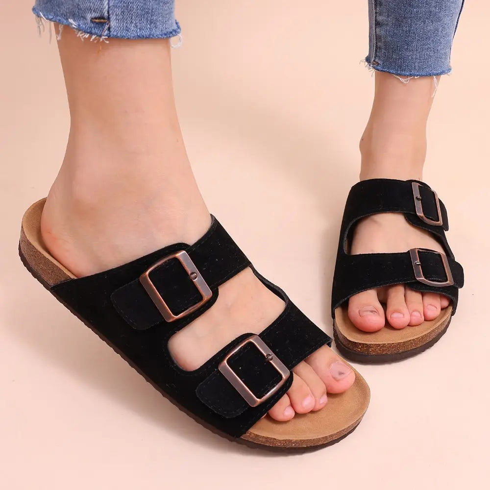 Women's Cork Footbed Sandals Fashion Ankle-Strap Suede Slippers - My Store