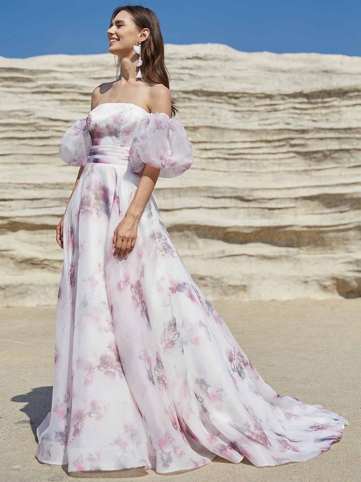 Pink Floral Wedding Dresses 2024 for Women Lace up Back with Puffy Sleeves - My Store