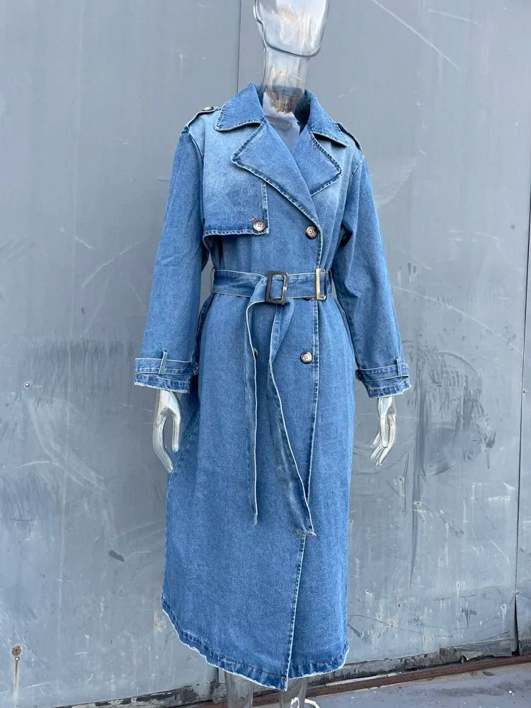 X-Long Denim Trench Coats For Women-Belt On Waist-Slim Jean Coats-Blue Jean Jacket Woman - My Store