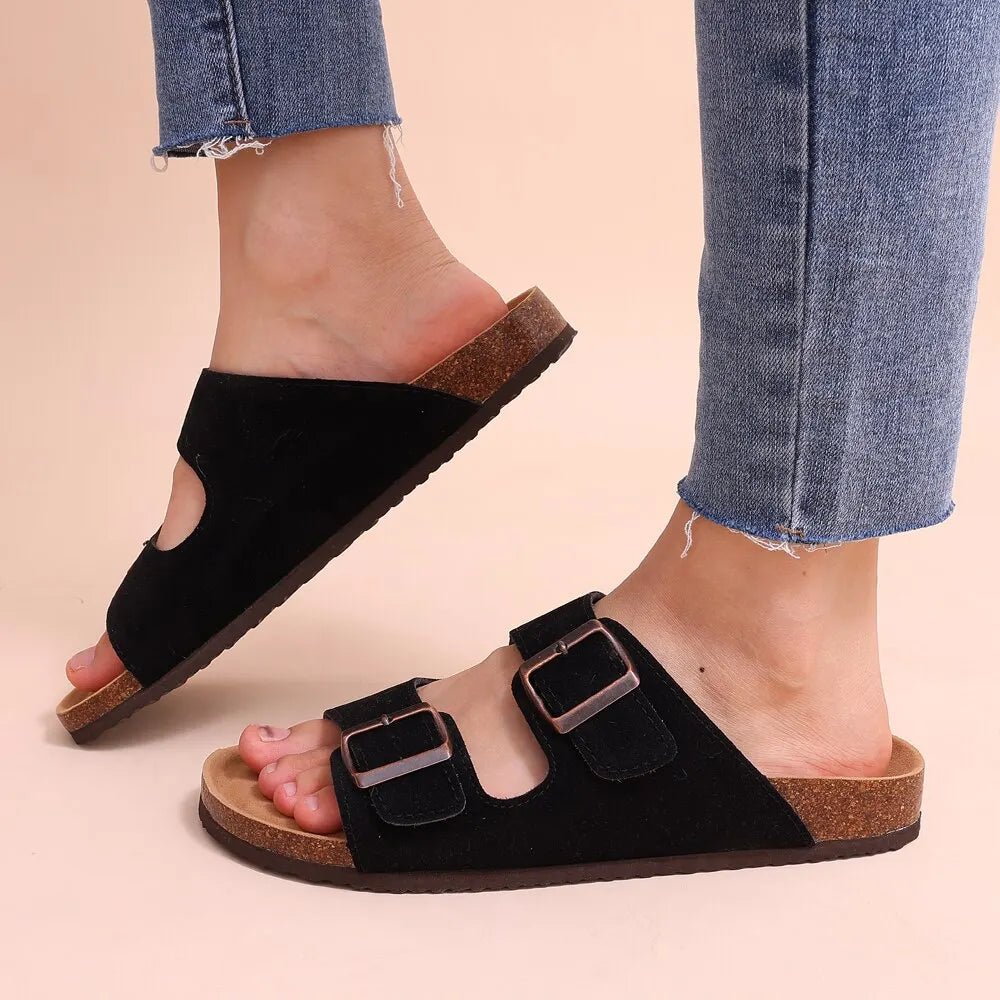 Women's Cork Footbed Sandals Fashion Ankle-Strap Suede Slippers - My Store