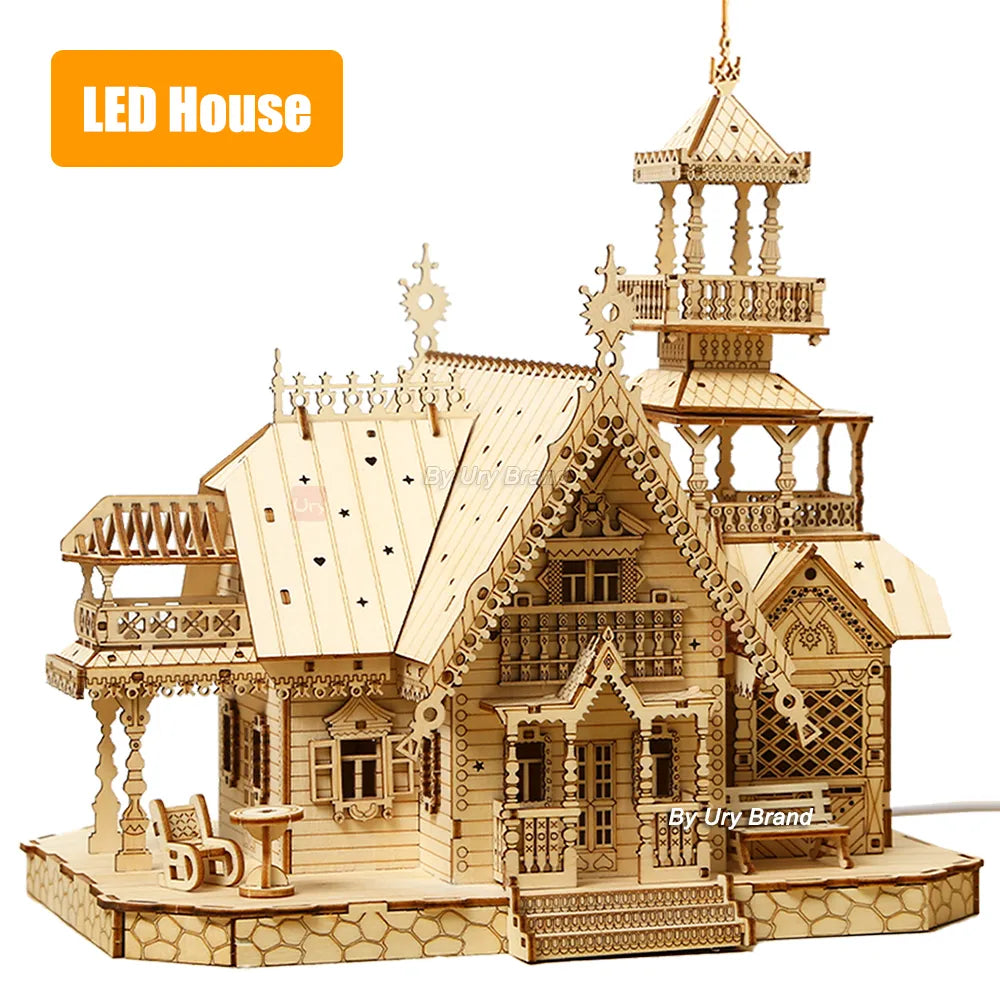 3D Wooden Puzzle-Villa House Royal Castle-Light Assembly-Toy Kid/Adult DIY Model Kits Desk Decoration - My Store