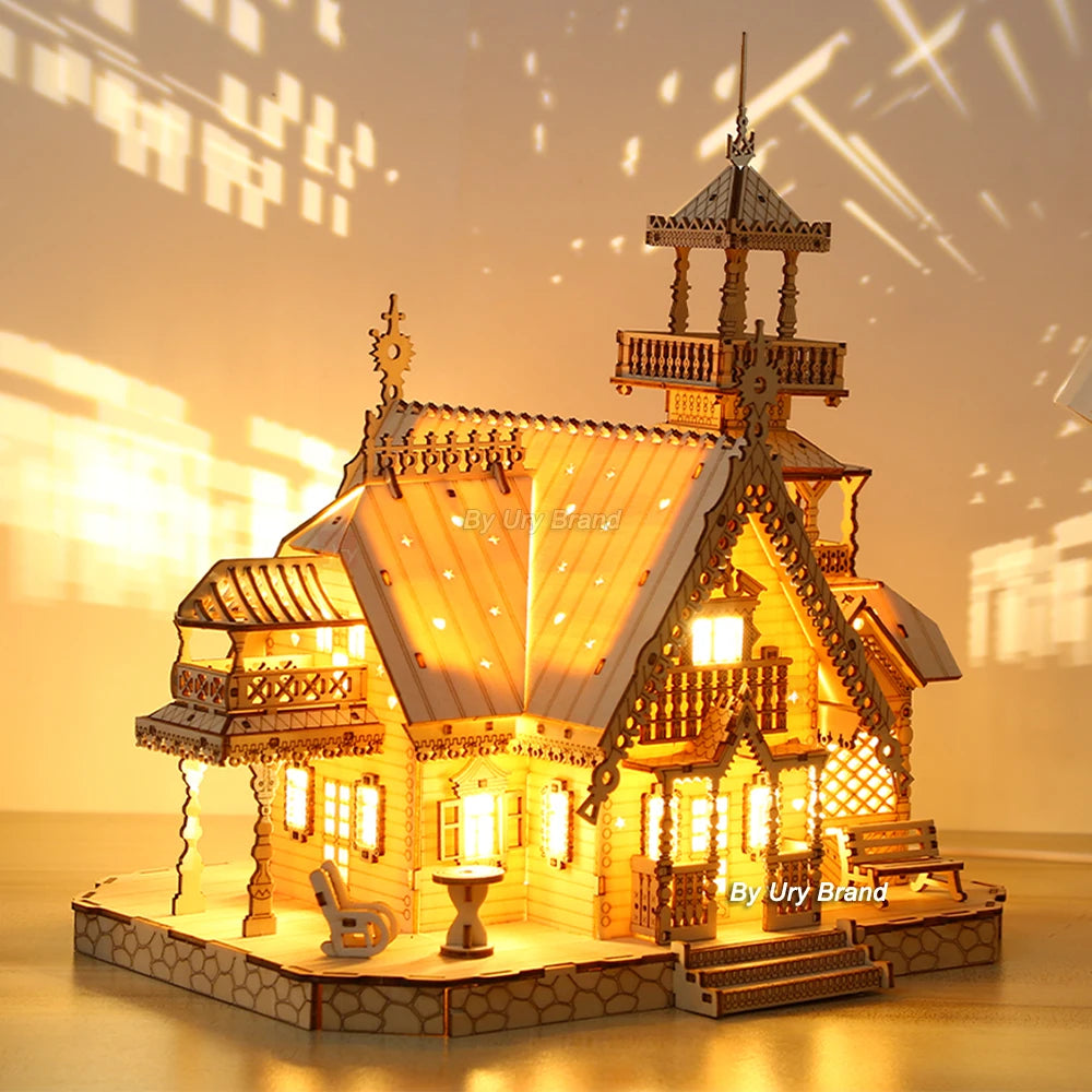 3D Wooden Puzzle-Villa House Royal Castle-Light Assembly-Toy Kid/Adult DIY Model Kits Desk Decoration - My Store