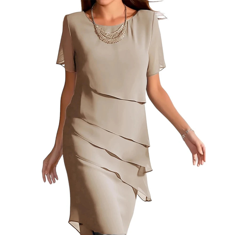 Women's Work Sheath Chiffon Dress-Midi Dress-Layered Crew Neck Short Sleeve Plain Loose Fit - My Store