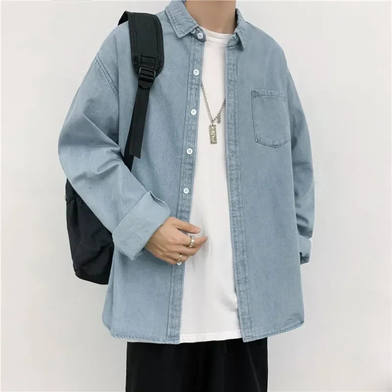 Mens Denim Shirt-Long Sleeve Tops Spring Autumn Vintage Baggy Jacket Trend Streetwear Oversized Male Clothing