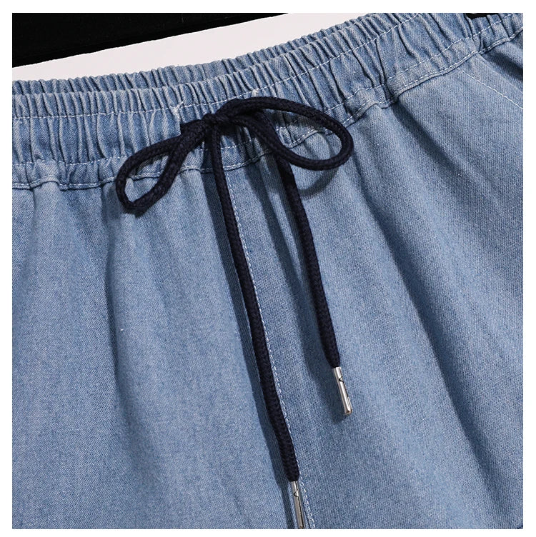 Plus Size Denim Summer Mini Elastic-High Waist Shorts Women-Wide Leg Loose Pleated Fashion Ladies