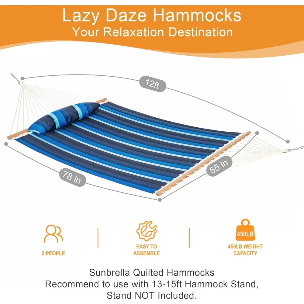 Double Size Quilted Hammock with Hardwood Spreader Bar for Two Person, Fade Resistant