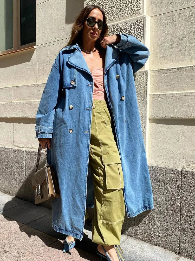 X-Long Denim Trench Coats For Women-Belt On Waist-Slim Jean Coats-Blue Jean Jacket Woman - My Store