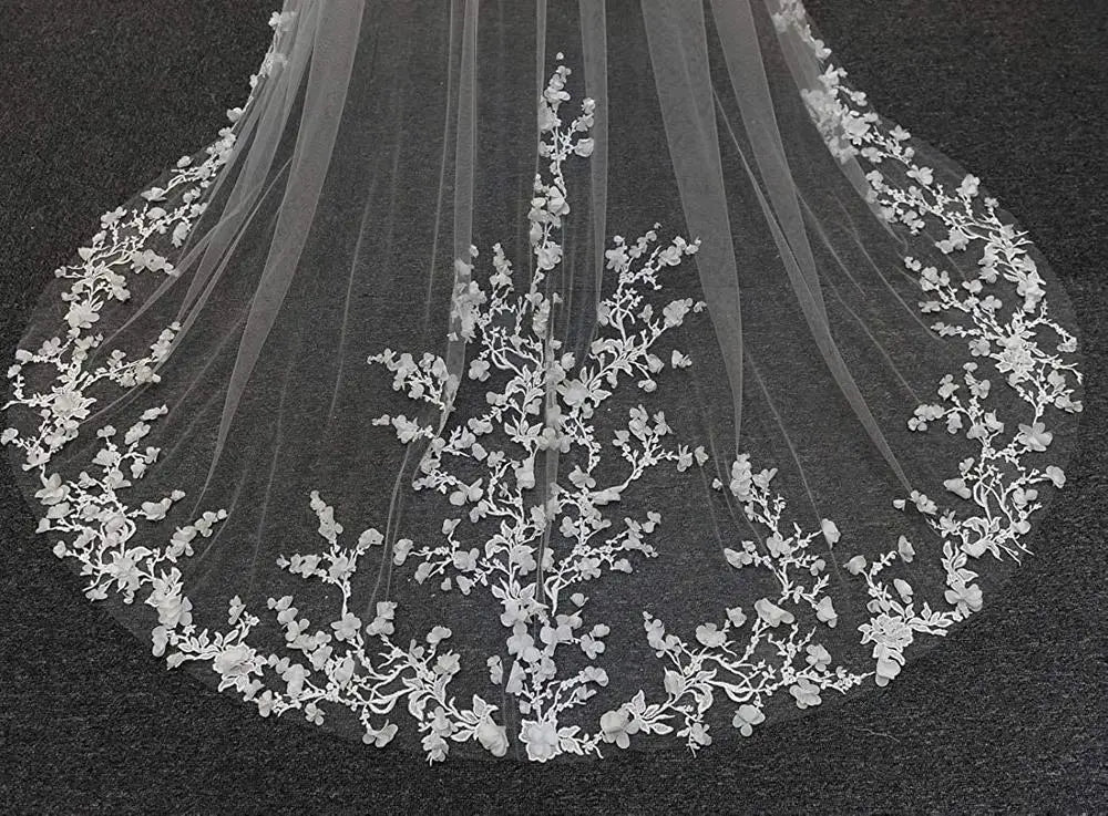 Wedding Veils 3D Flowers Floral Veil 1 Tier Long Cathedral Lace Edge Exquisite Petals Elegant