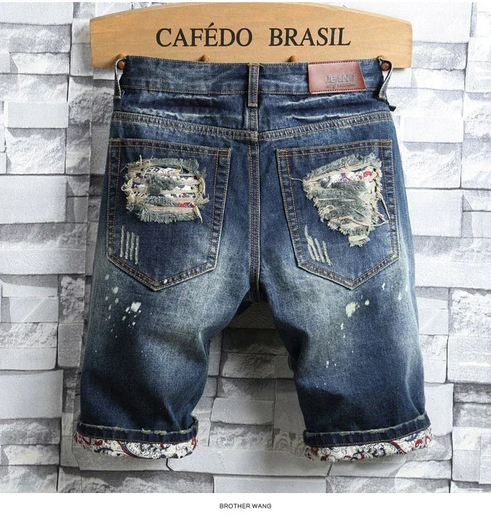 New Men Ripped Short Jeans Streetwear-Hole Straight Slim Casual Denim Shorts - My Store