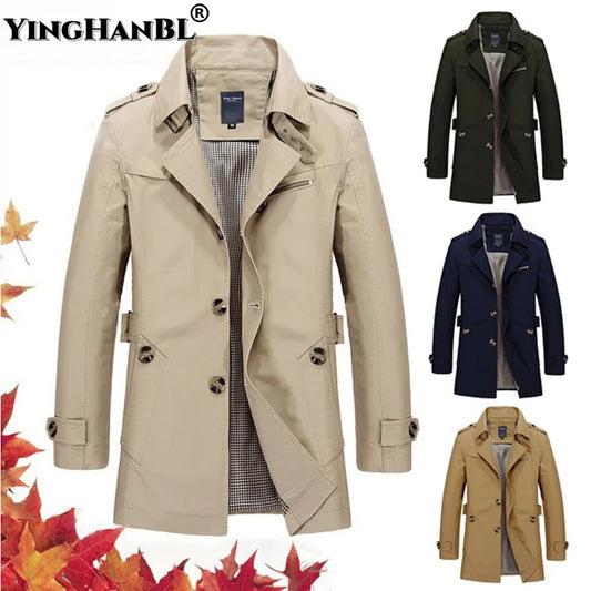 Men's Business Windbreaker Long Jackets Pure Cotton Trench Coats Casual 2024